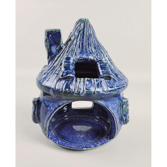Cobalt Blue Glazed Art Pottery Fairy Cottage Tealight Candle Holder Artist Marke - Picture 12 of 14
